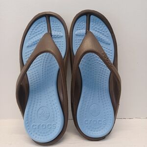 Crocs Athens Flip Flops Slip On Sandals Light Blue & Brown - Women’s 9